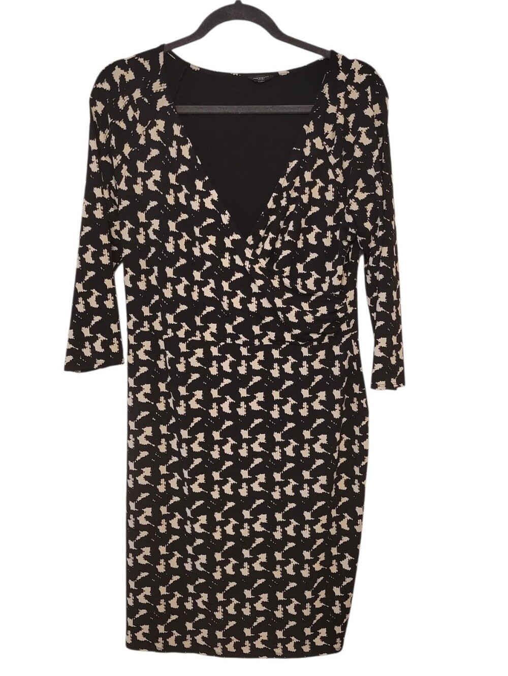 Ann Taylor Black & Tan Graphic Jersey Knit Faux Wrap Dress Size Large
